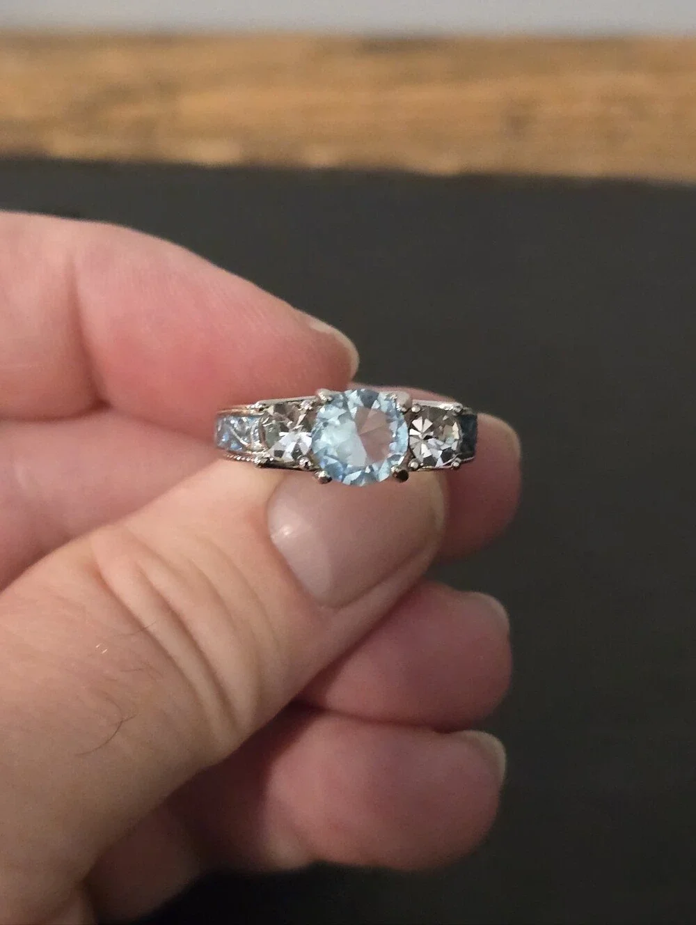 Aquamarine Three Stone Engagement Ring Vintage Filigree Enamel Band Size 7 CZ